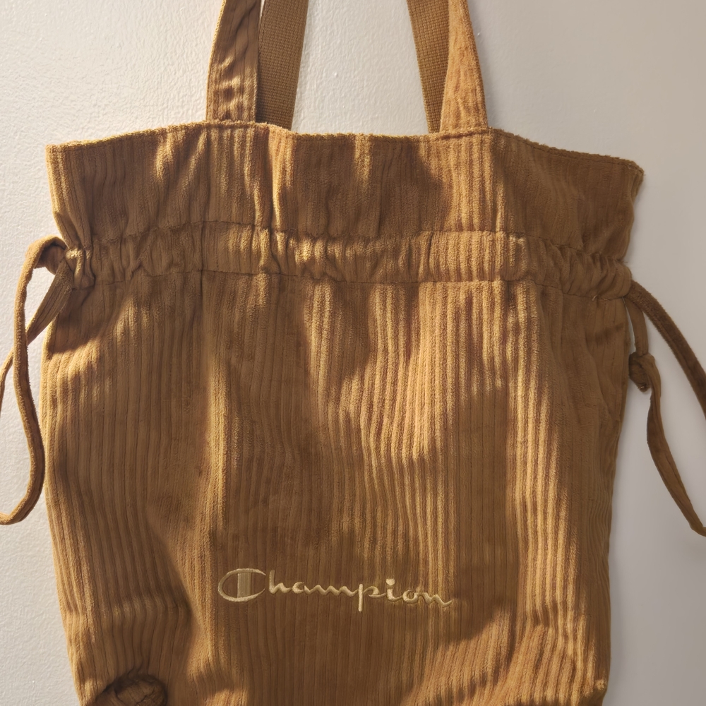 Champion Brown Corduroy Tote Bag with Drawstring Details